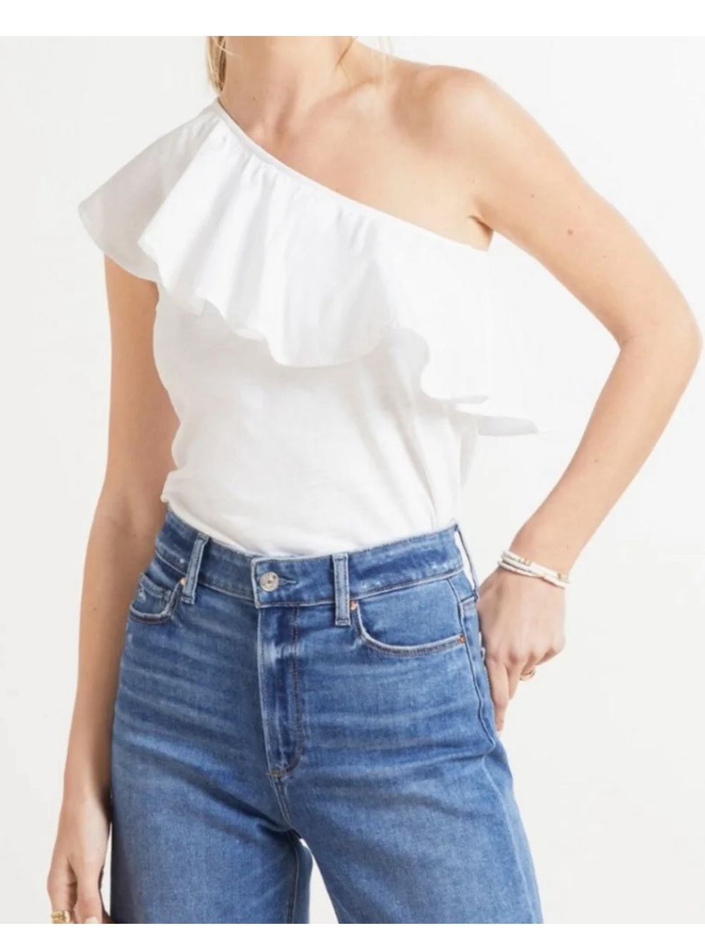 NWT Nation LTD White One Shoulder Ruffle Blouse Cotton Top Size M